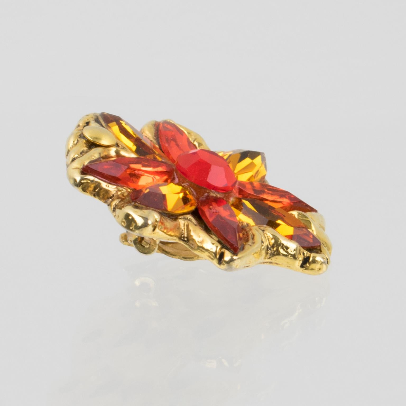 Kalinger Paris Jeweled Clip Earrings Orange and Honey Flowers For Sale 1