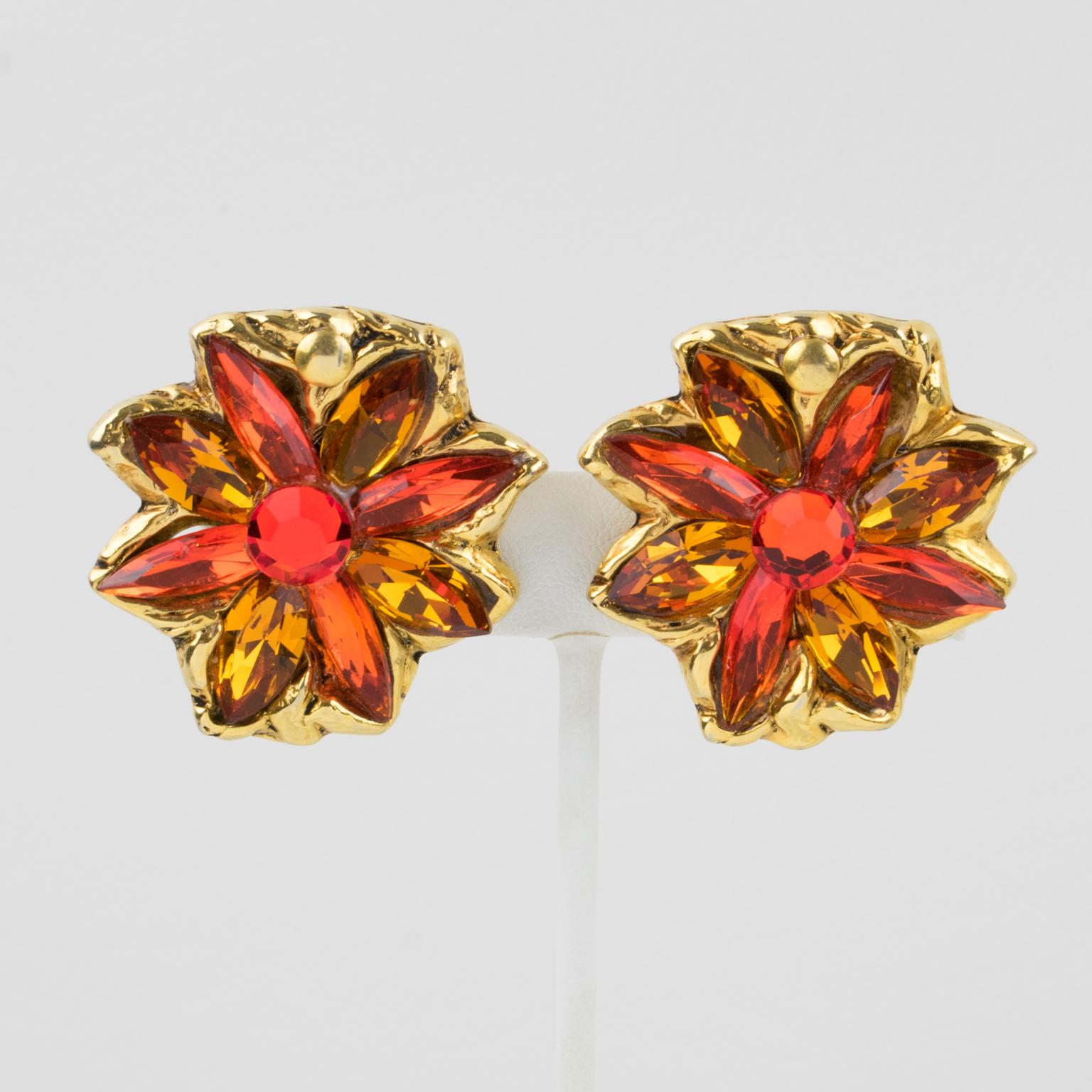 Kalinger Paris Juwelen-Ohrclips mit orangefarbenen und honigblumen im Angebot 2