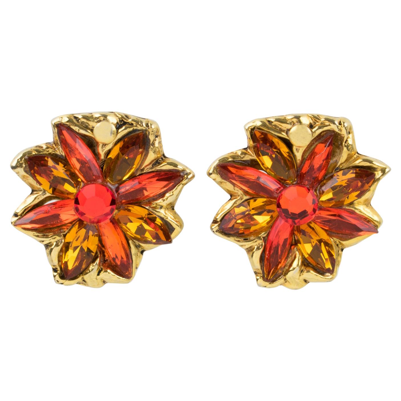 Kalinger Paris Jeweled Clip Earrings Orange and Honey Flowers For Sale