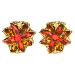 Vintage Kalinger Paris Jeweled Clip Earrings Orange and Honey Flowers