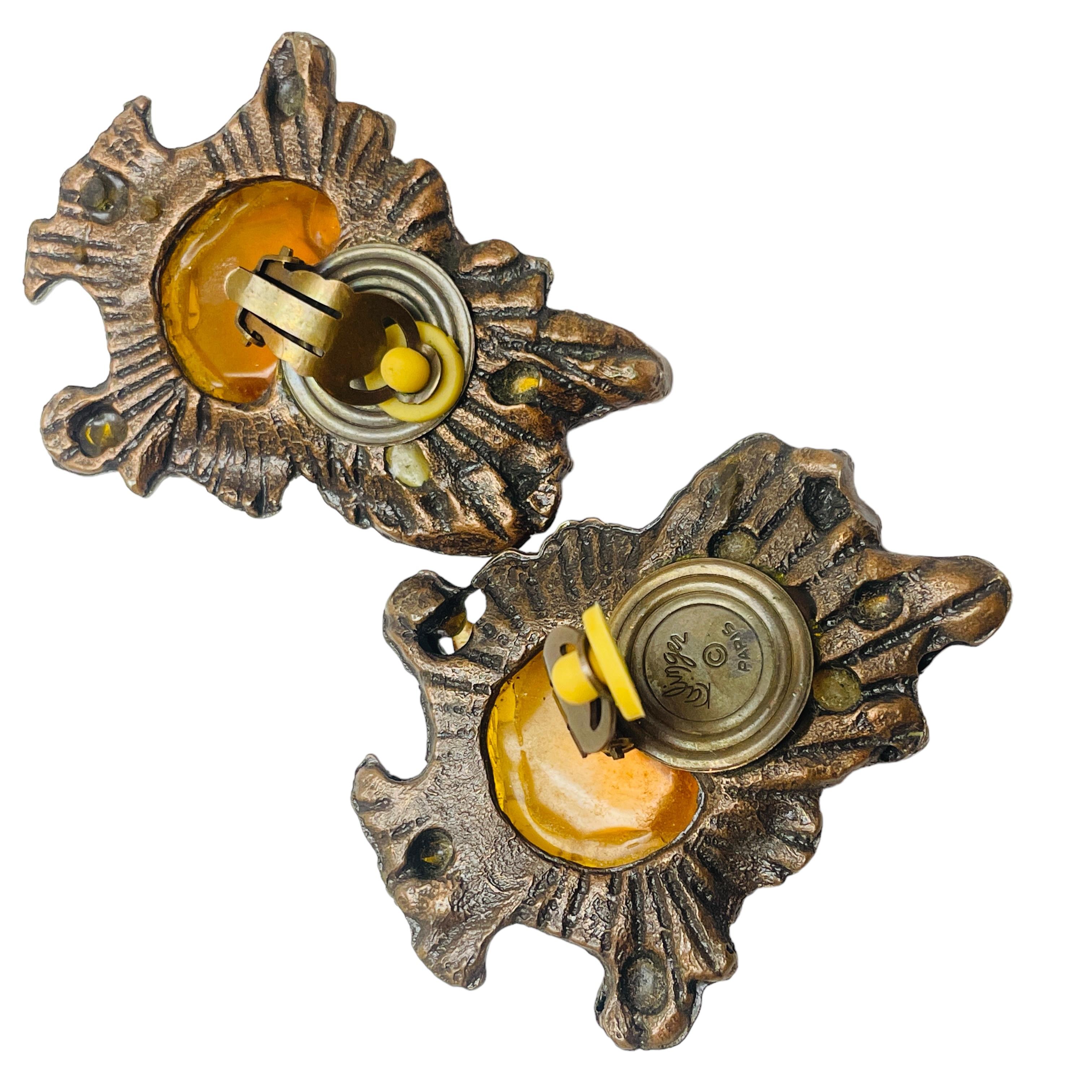 KALINGER PARIS made in France bronze rone poured glass designer clip earrings In Good Condition For Sale In Palos Hills, IL