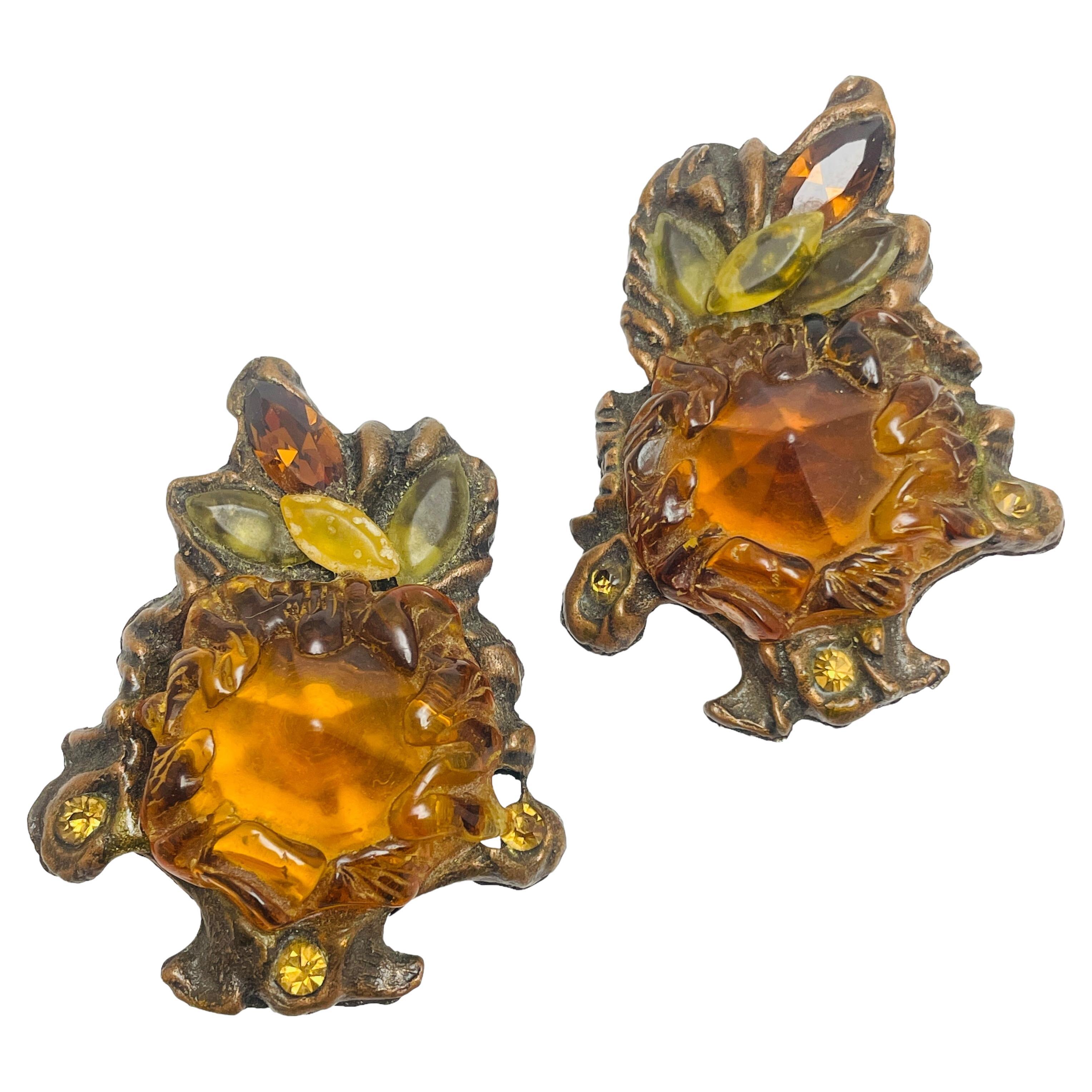 KALINGER PARIS made in France bronze rone poured glass designer clip earrings For Sale
