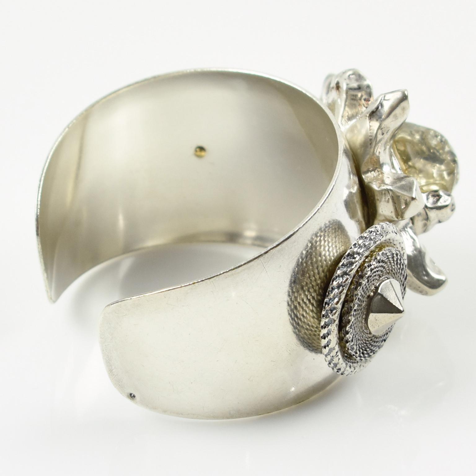 Modernist Kalinger Paris Silver Plate Metal and Resin Floral Cuff Bracelet For Sale
