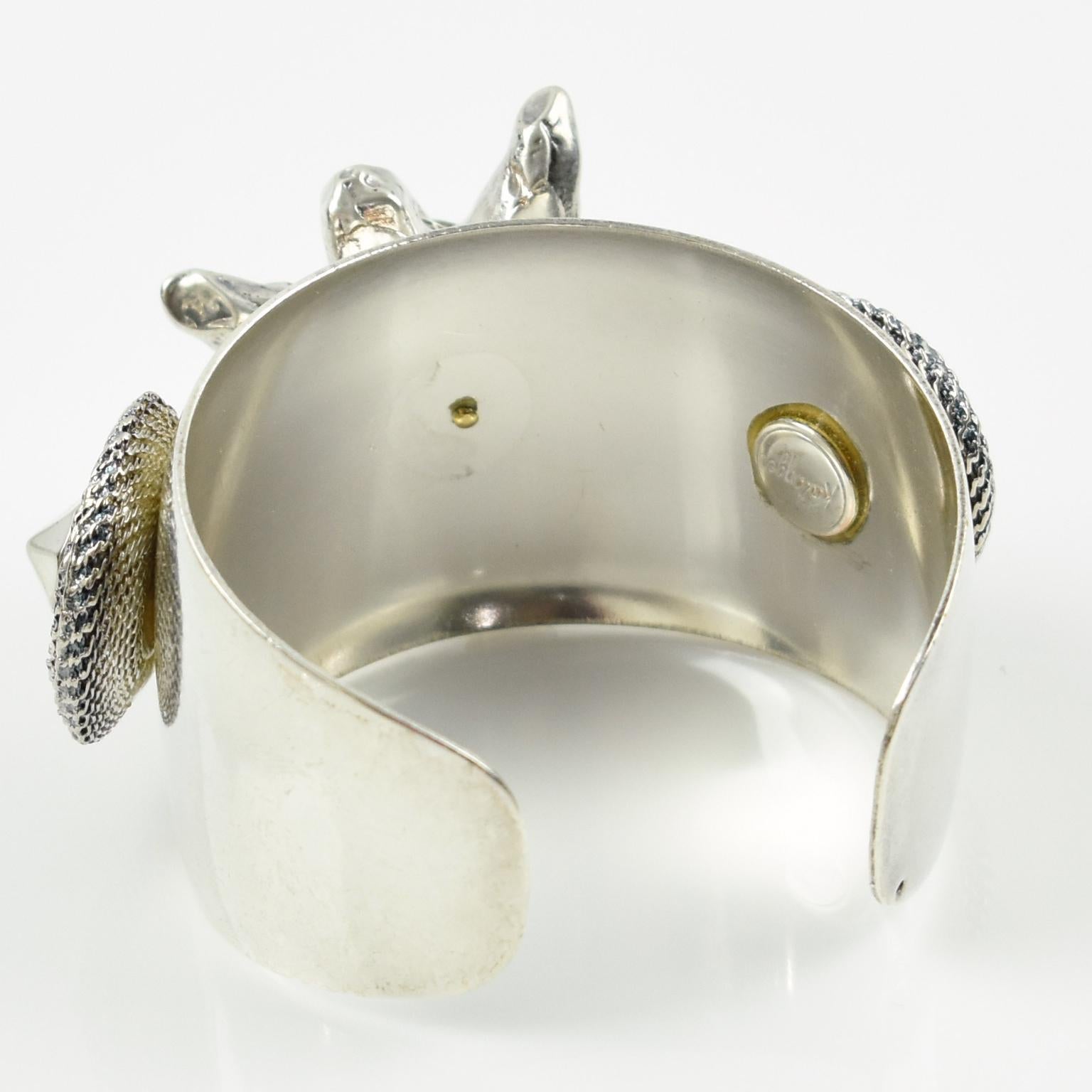 Kalinger Paris Silver Plate Metal and Resin Floral Cuff Bracelet In Excellent Condition For Sale In Atlanta, GA