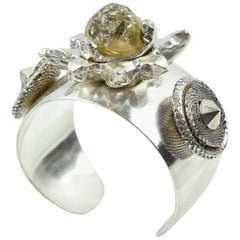 Kalinger Paris Silvered Jeweled Cuff Bracelet with Resin Floral Decor