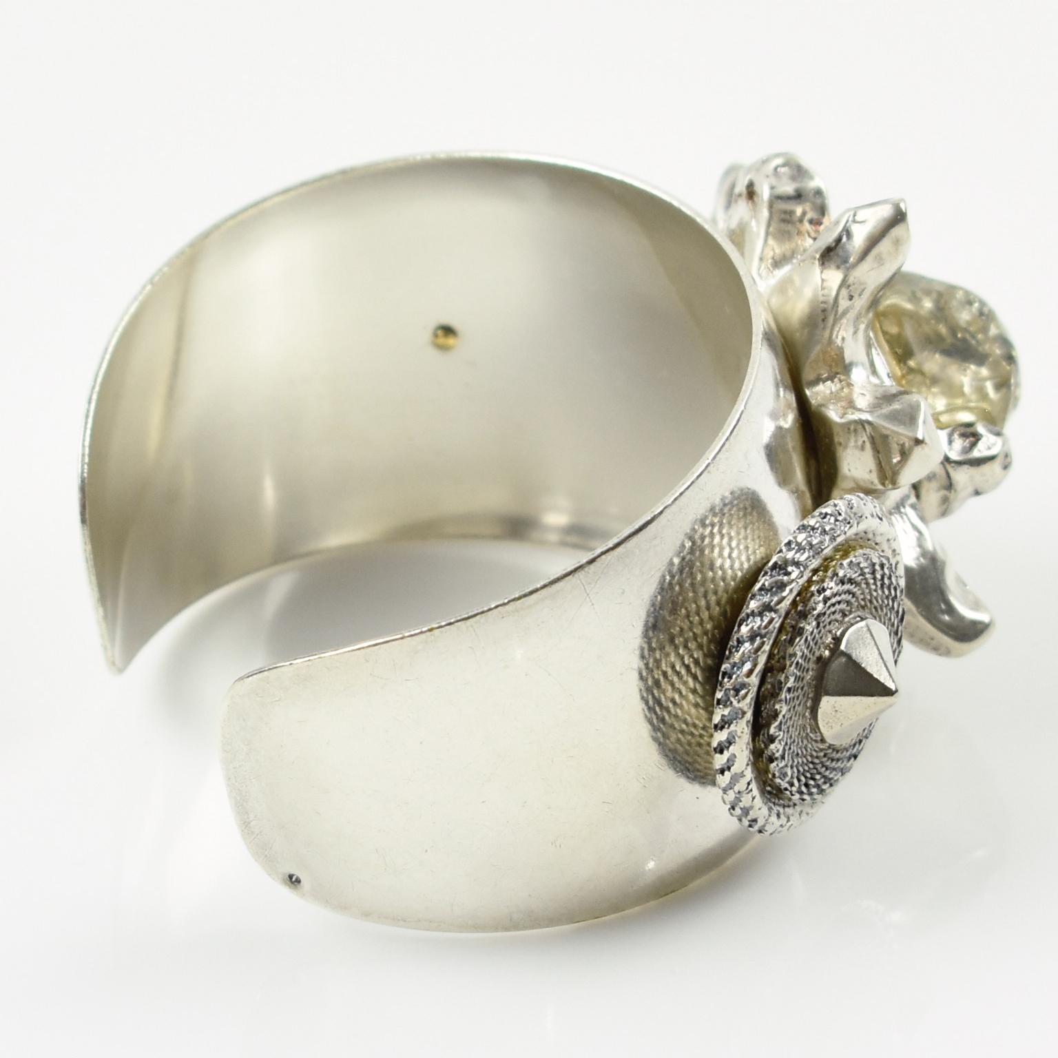 Modernist Kalinger Paris Silvered Jeweled Cuff Bracelet with Resin Floral Decor For Sale