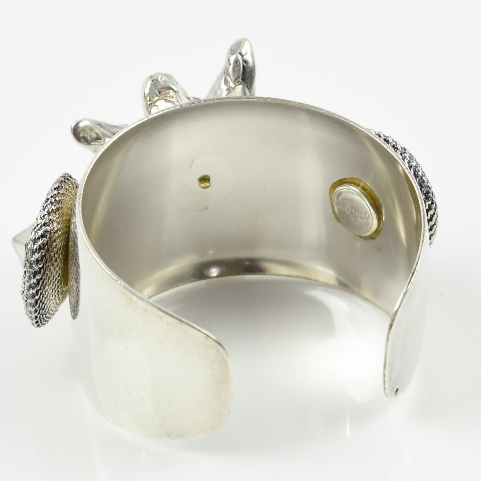 Kalinger Paris Silvered Jeweled Cuff Bracelet with Resin Floral Decor In Excellent Condition For Sale In Atlanta, GA