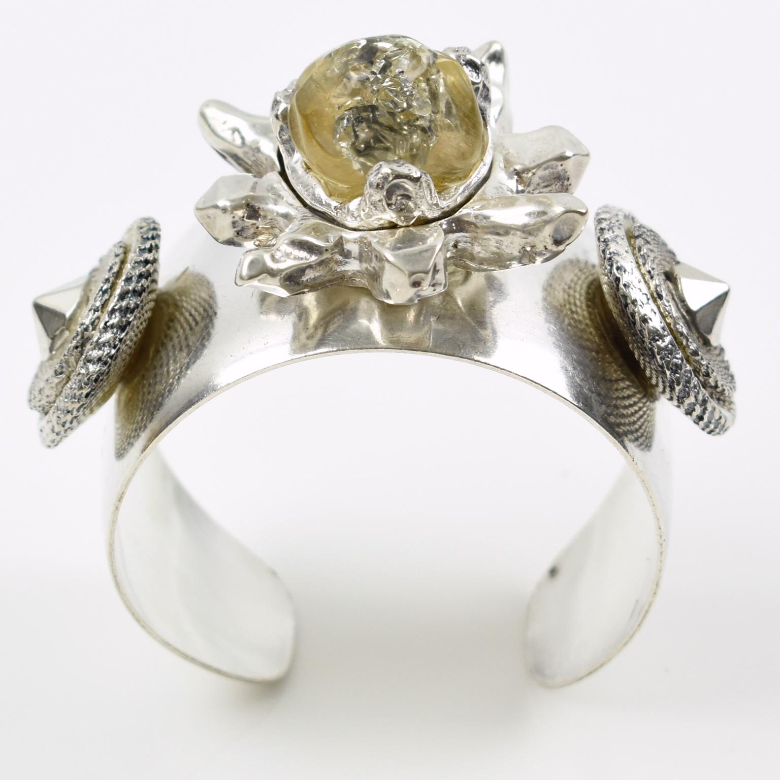 Women's or Men's Kalinger Paris Silvered Jeweled Cuff Bracelet with Resin Floral Decor For Sale