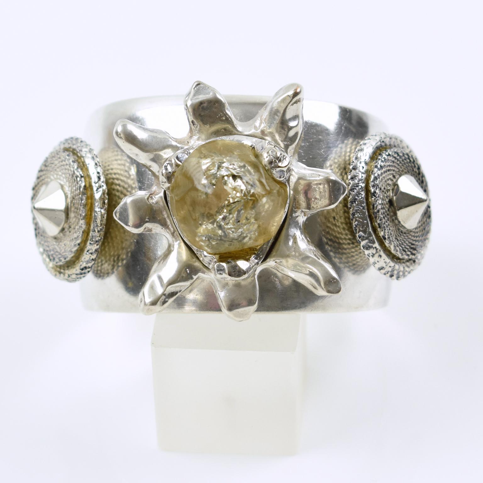 Kalinger Paris Silvered Jeweled Cuff Bracelet with Resin Floral Decor For Sale 1