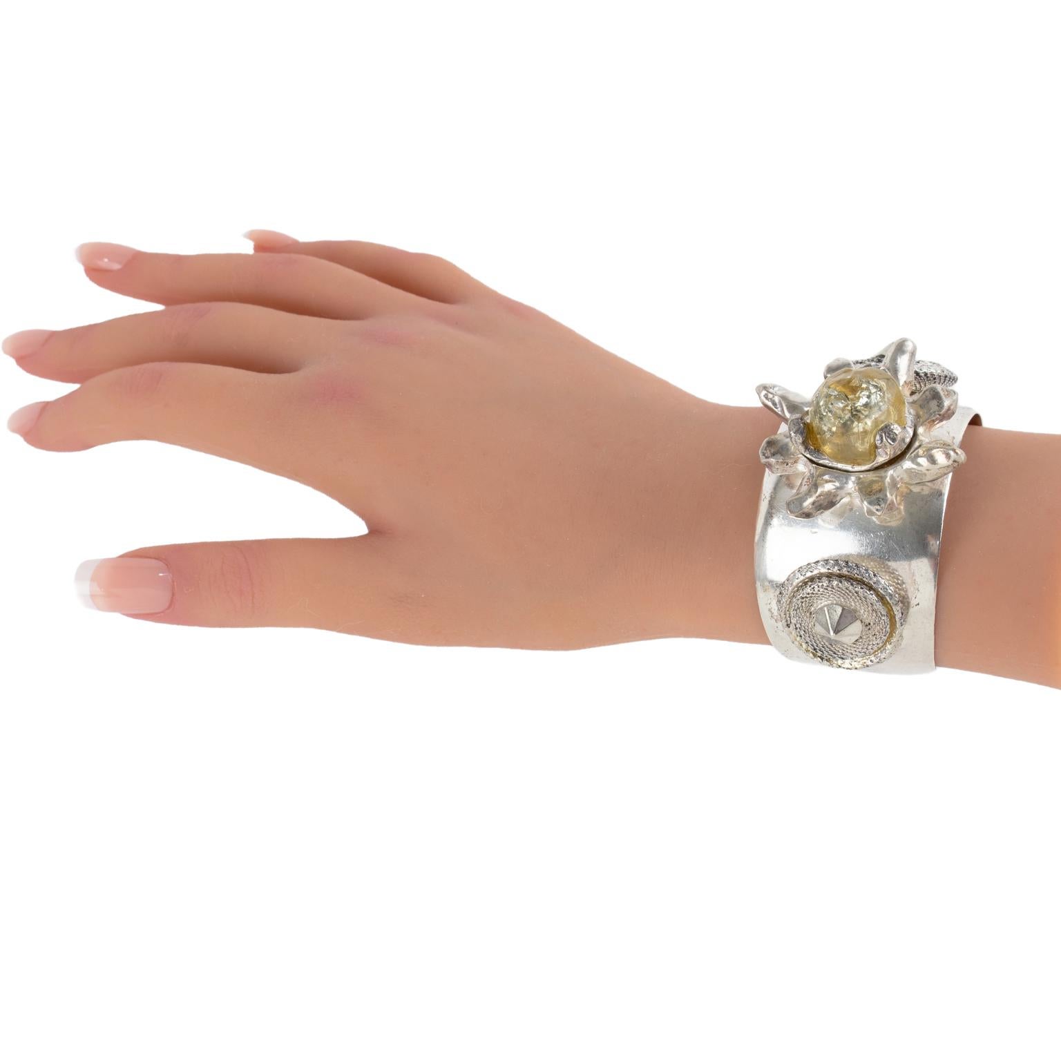 Kalinger Paris Silvered Jeweled Cuff Bracelet with Resin Floral Decor 3