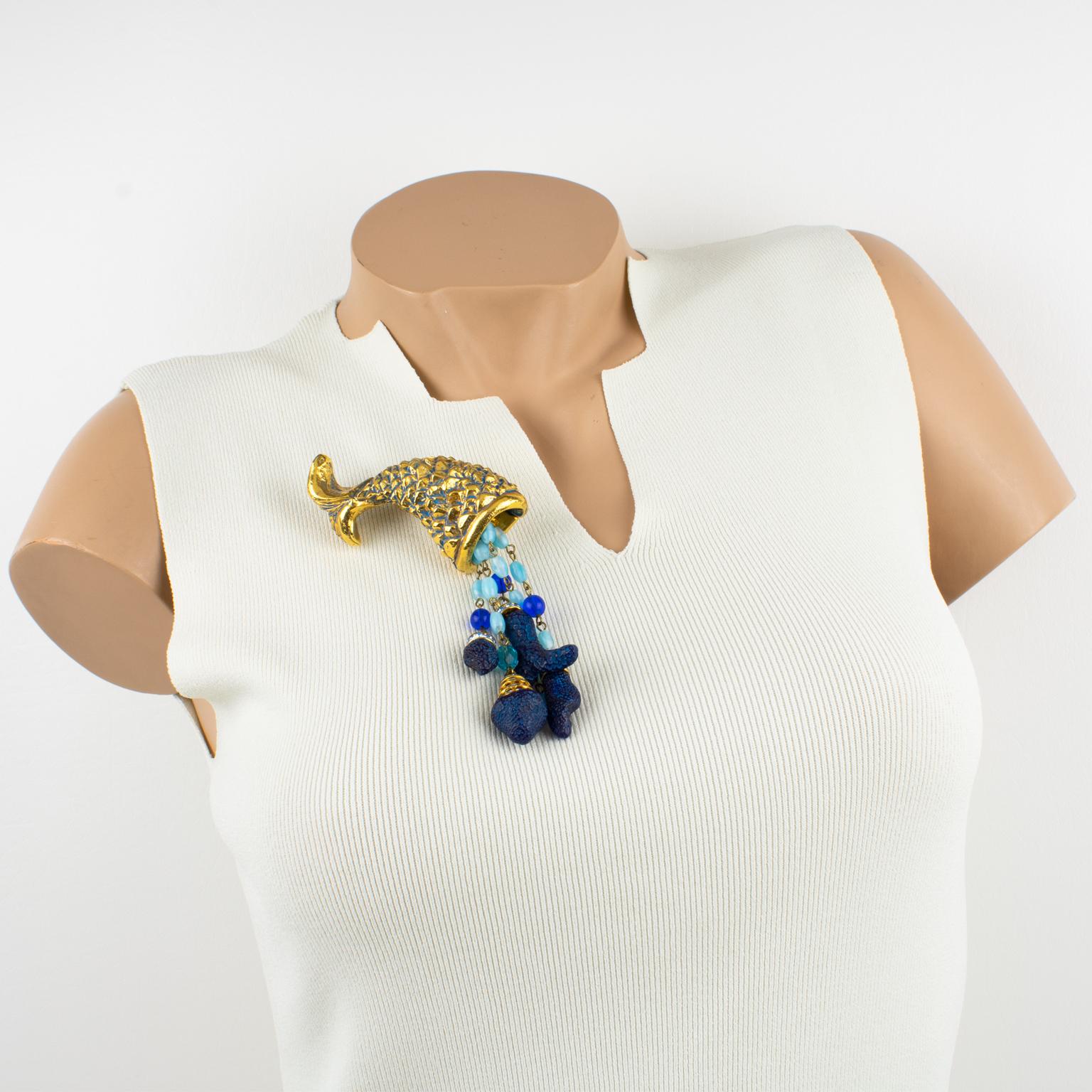Modernist Kalinger Pin Brooch Gilt Resin Horn of Plenty with Blue Jeweled Charms For Sale