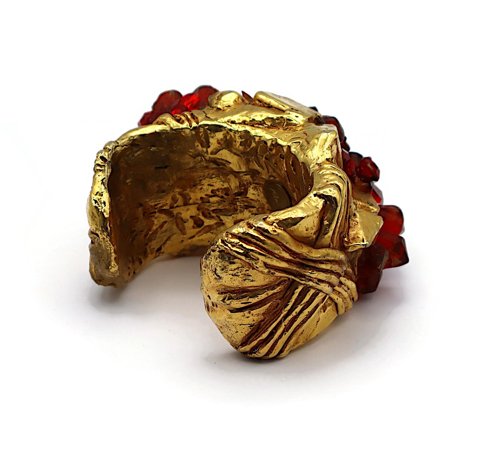KALINGER Vintage Gold Tone Resin Cuff Bracelet with Faux Red Quartz Cluster For Sale 6
