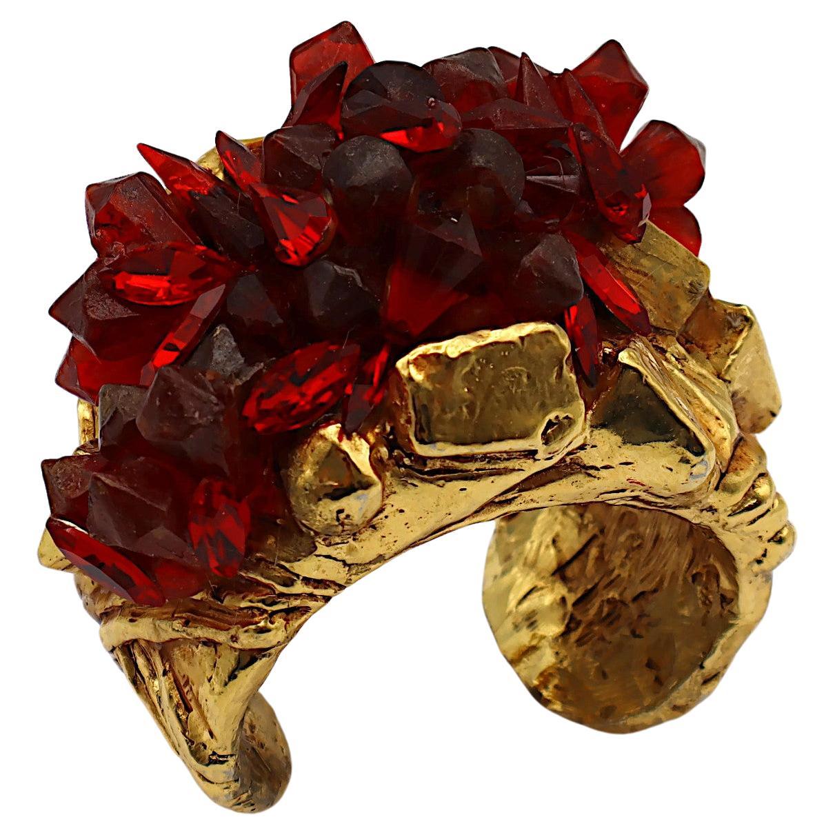 KALINGER Vintage Gold Tone Resin Cuff Bracelet with Faux Red Quartz Cluster For Sale
