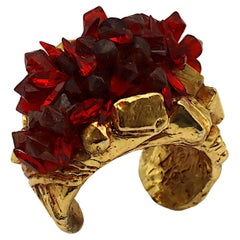 KALINGER Vintage Gold Tone Resin Cuff Bracelet with Faux Red Quartz Cluster