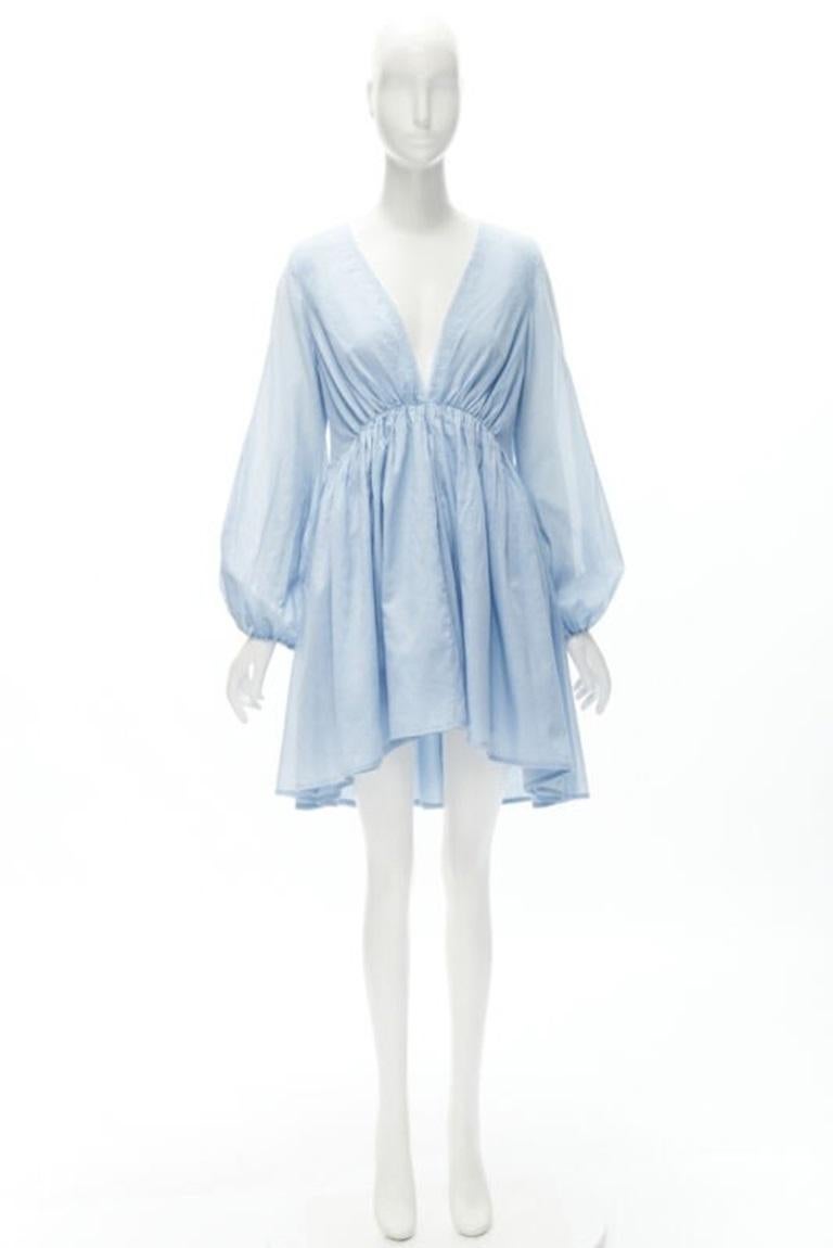 KALITA 100% cotton sky blue plunge neck bell sleeve short dress S/M For Sale 5
