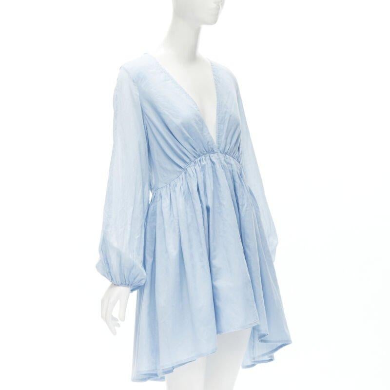 Blue KALITA 100% cotton sky blue plunge neck bell sleeve short dress S/M For Sale