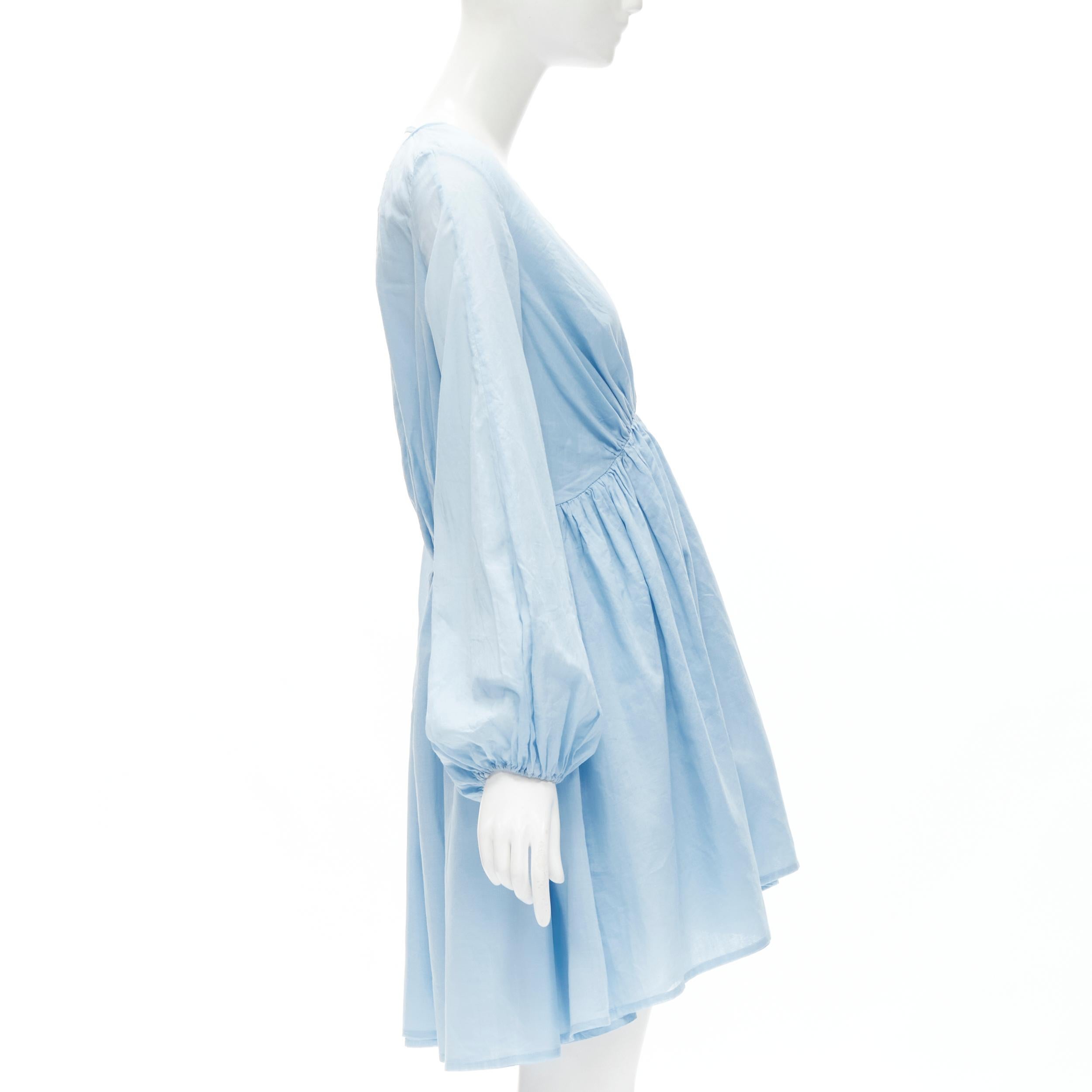 Blue KALITA 100% cotton sky blue plunge neck bell sleeve short dress S/M For Sale