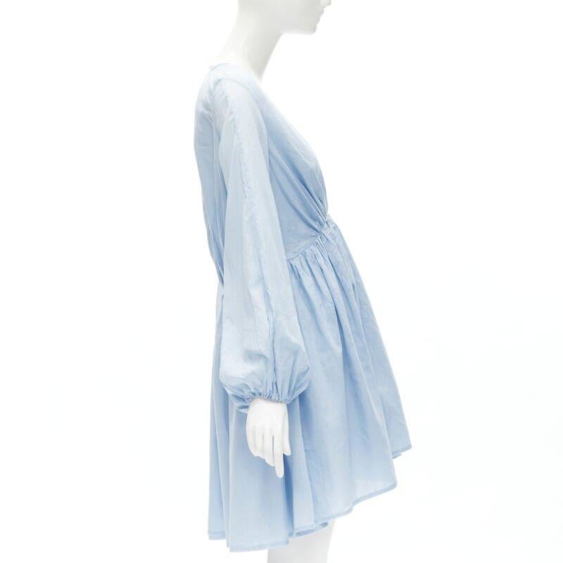 KALITA 100% cotton sky blue plunge neck bell sleeve short dress S/M In Excellent Condition For Sale In Hong Kong, NT