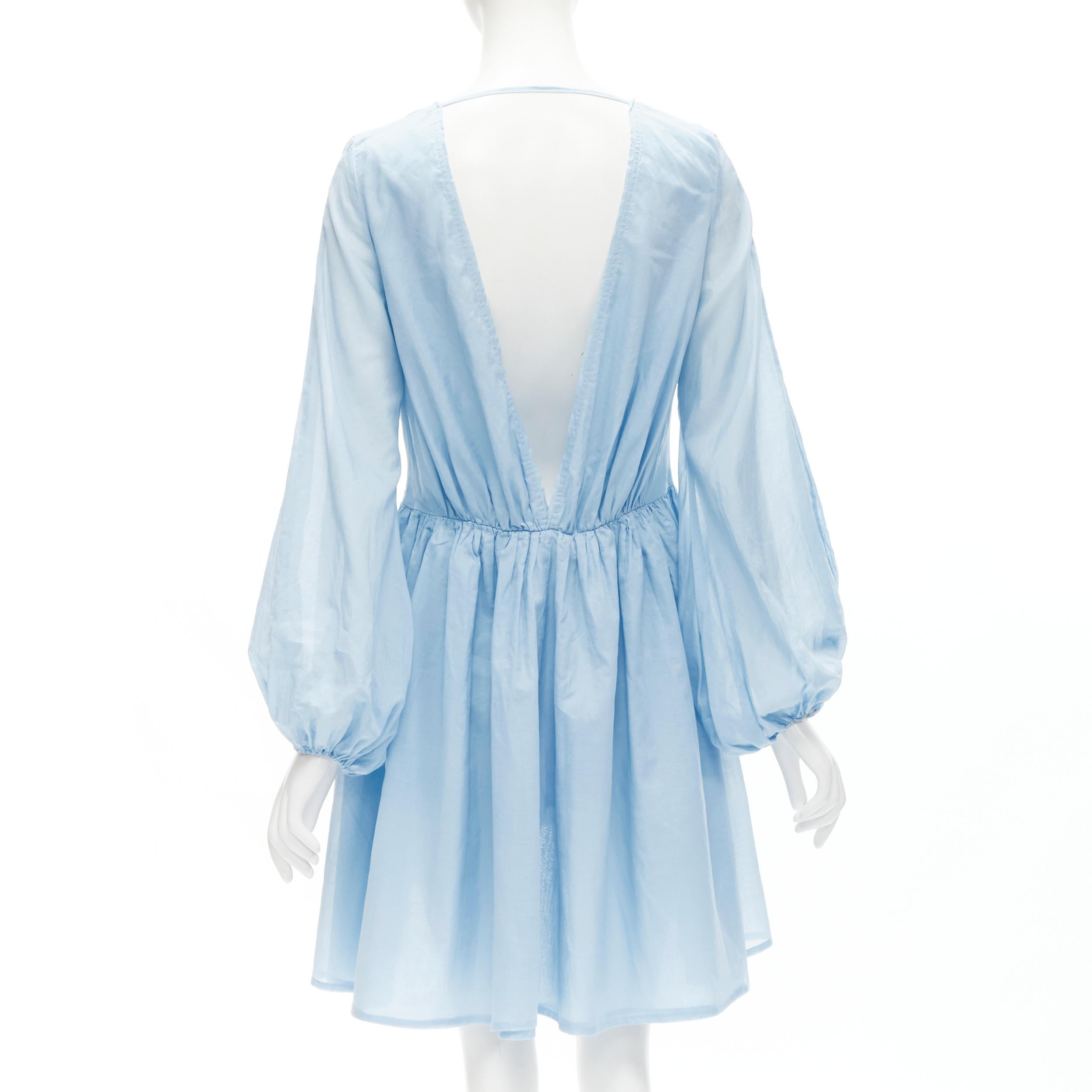 KALITA 100% cotton sky blue plunge neck bell sleeve short dress S/M In New Condition For Sale In Hong Kong, NT