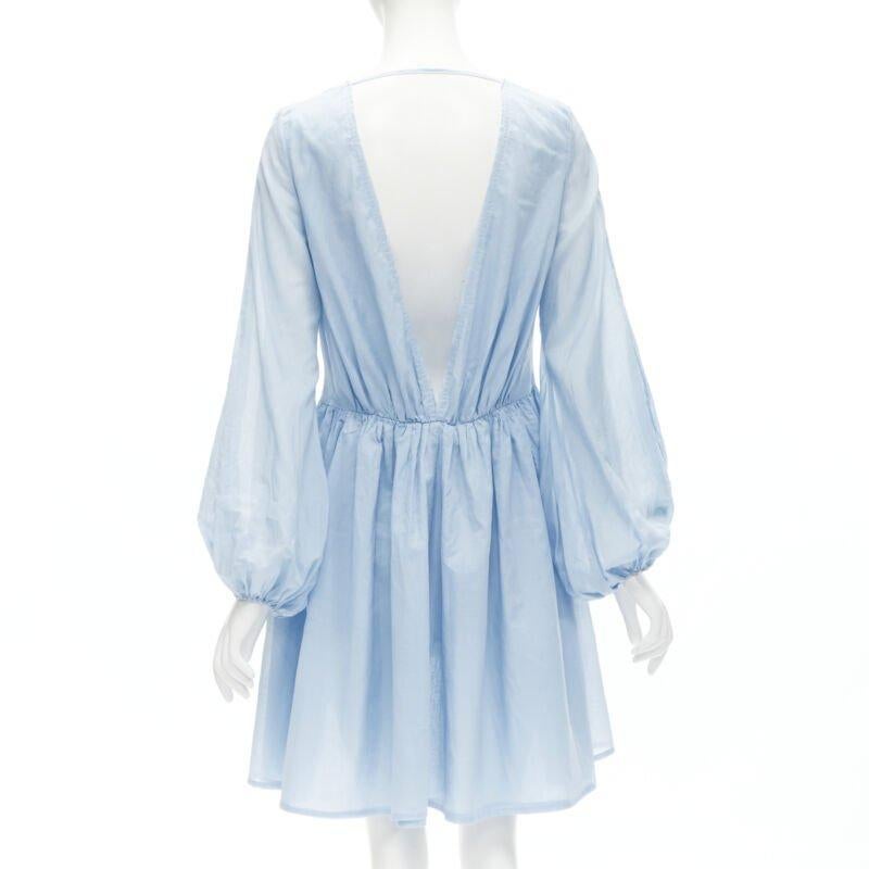 Women's KALITA 100% cotton sky blue plunge neck bell sleeve short dress S/M For Sale