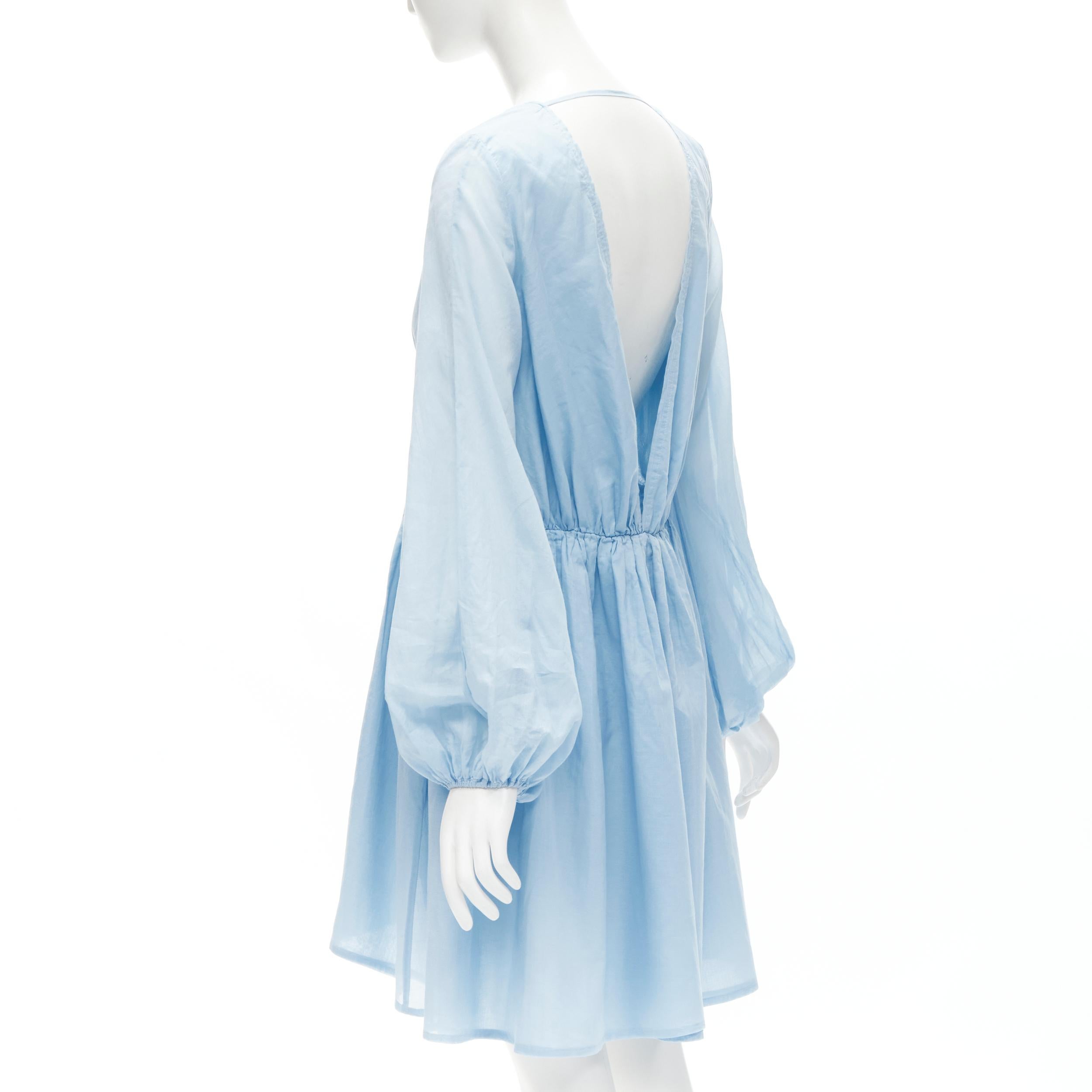 Women's KALITA 100% cotton sky blue plunge neck bell sleeve short dress S/M For Sale