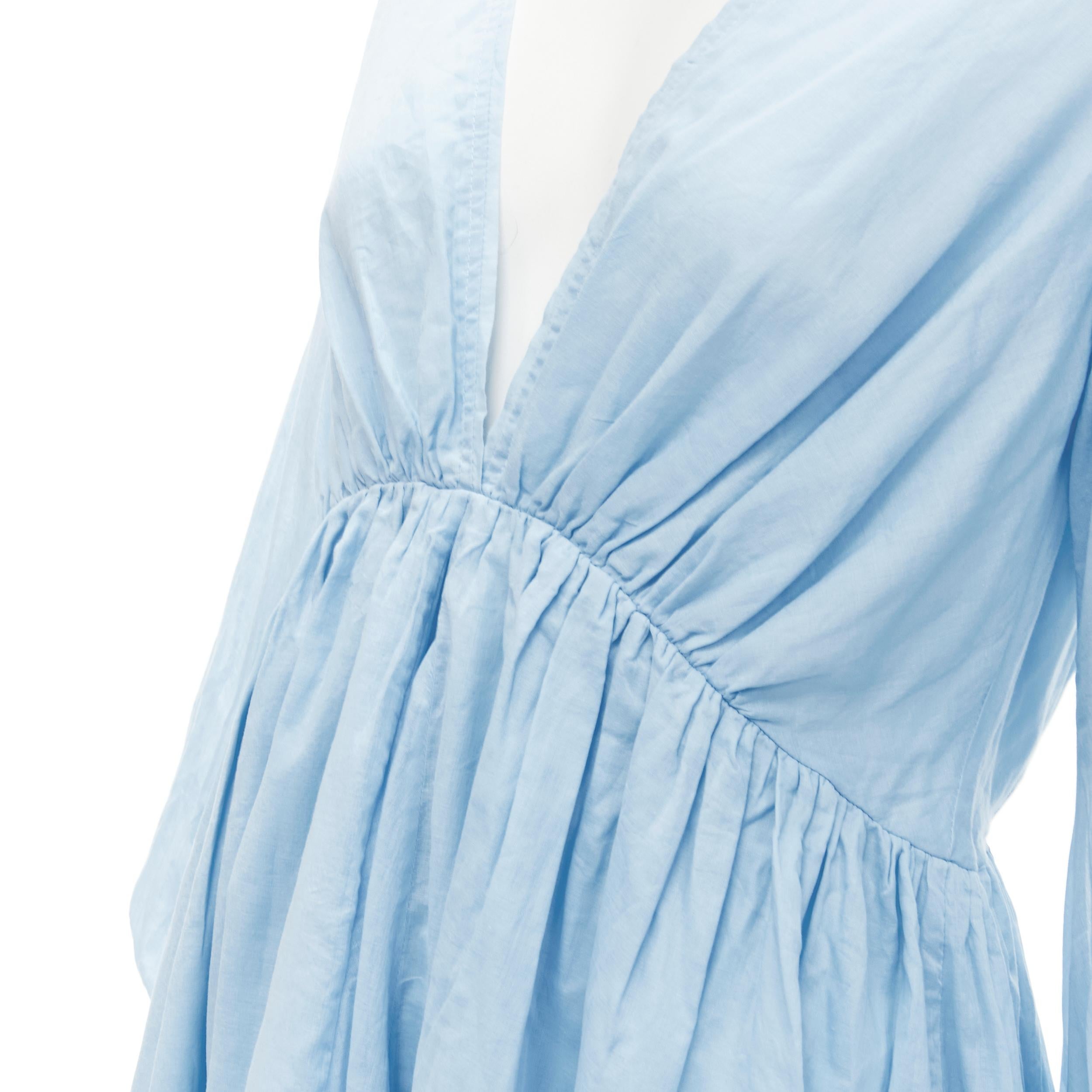 KALITA 100% cotton sky blue plunge neck bell sleeve short dress S/M For Sale 1