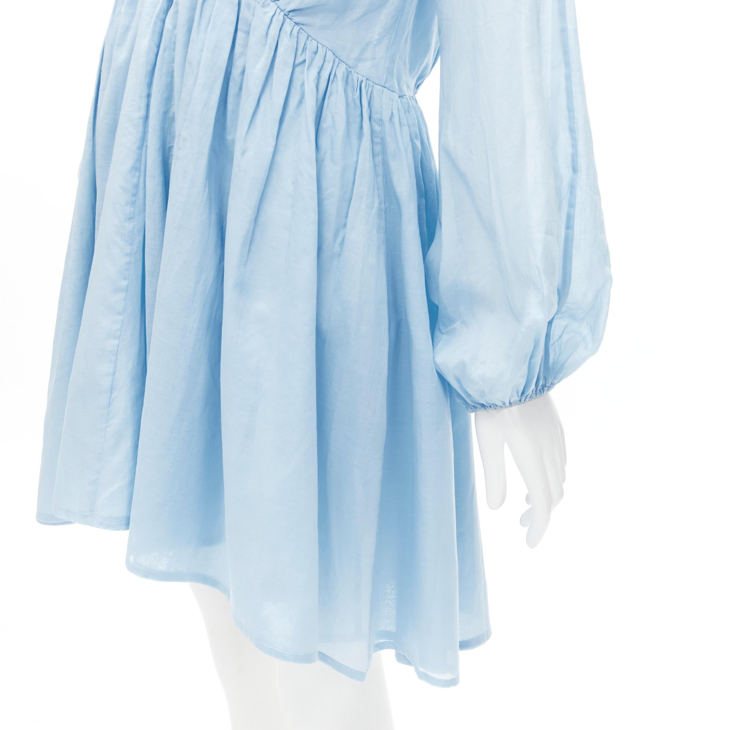KALITA 100% cotton sky blue plunge neck bell sleeve short dress S/M For Sale 2