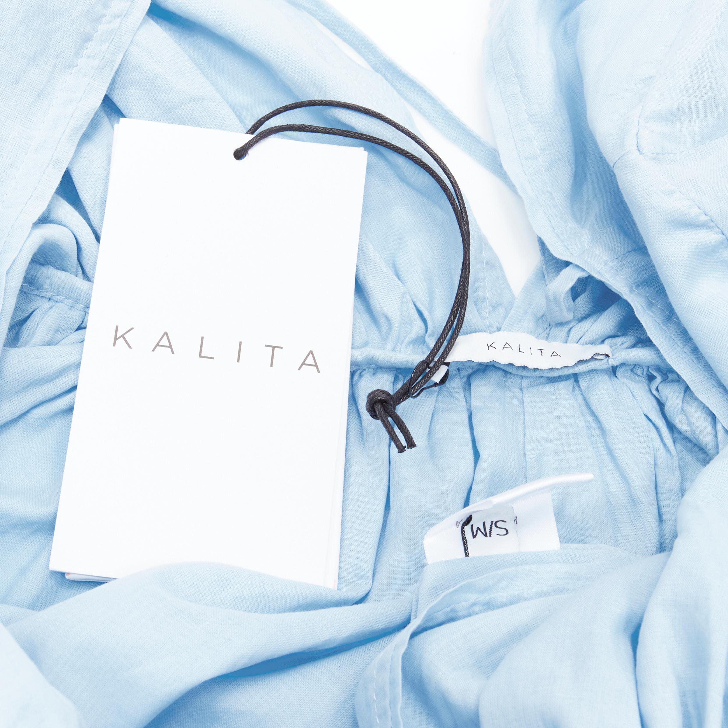KALITA 100% cotton sky blue plunge neck bell sleeve short dress S/M For Sale 3