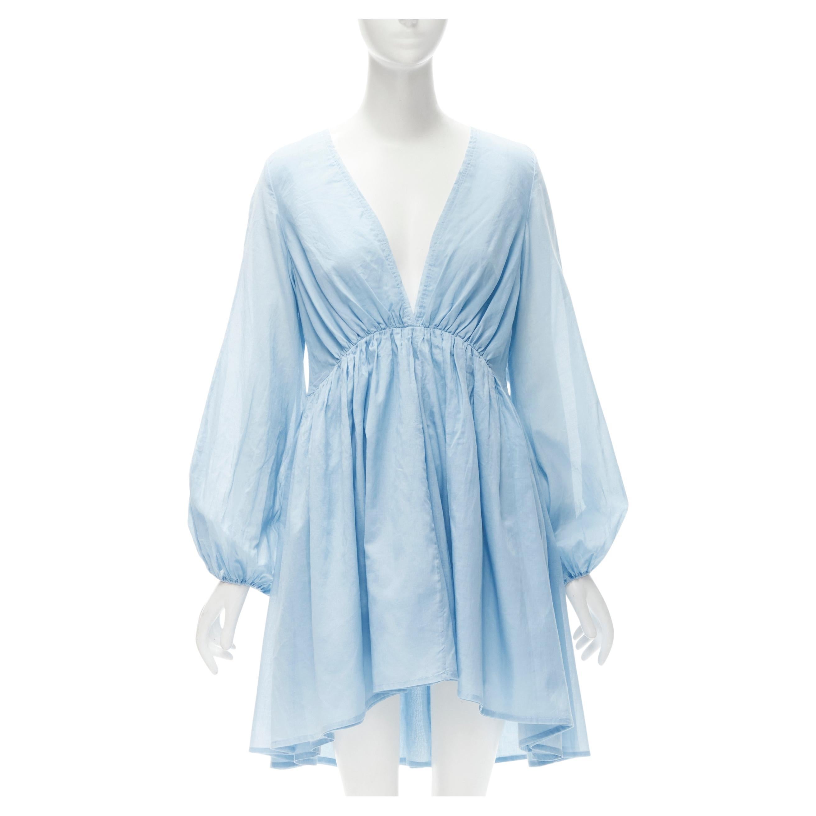 KALITA 100% cotton sky blue plunge neck bell sleeve short dress S/M For Sale