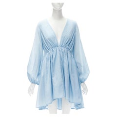 KALITA 100% cotton sky blue plunge neck bell sleeve short dress S/M