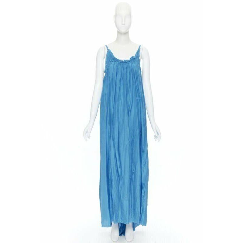 KALITA 100% silk blue gathered scoop neck dipped open back maxi dress XS In Excellent Condition In Hong Kong, NT
