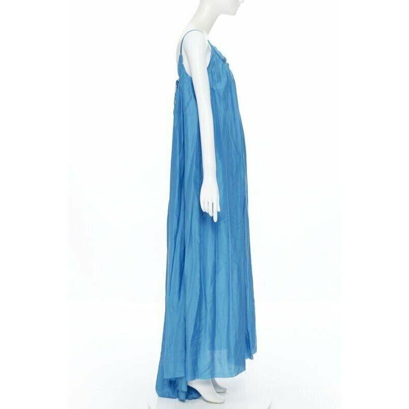 KALITA 100% silk blue gathered scoop neck dipped open back maxi dress XS 1