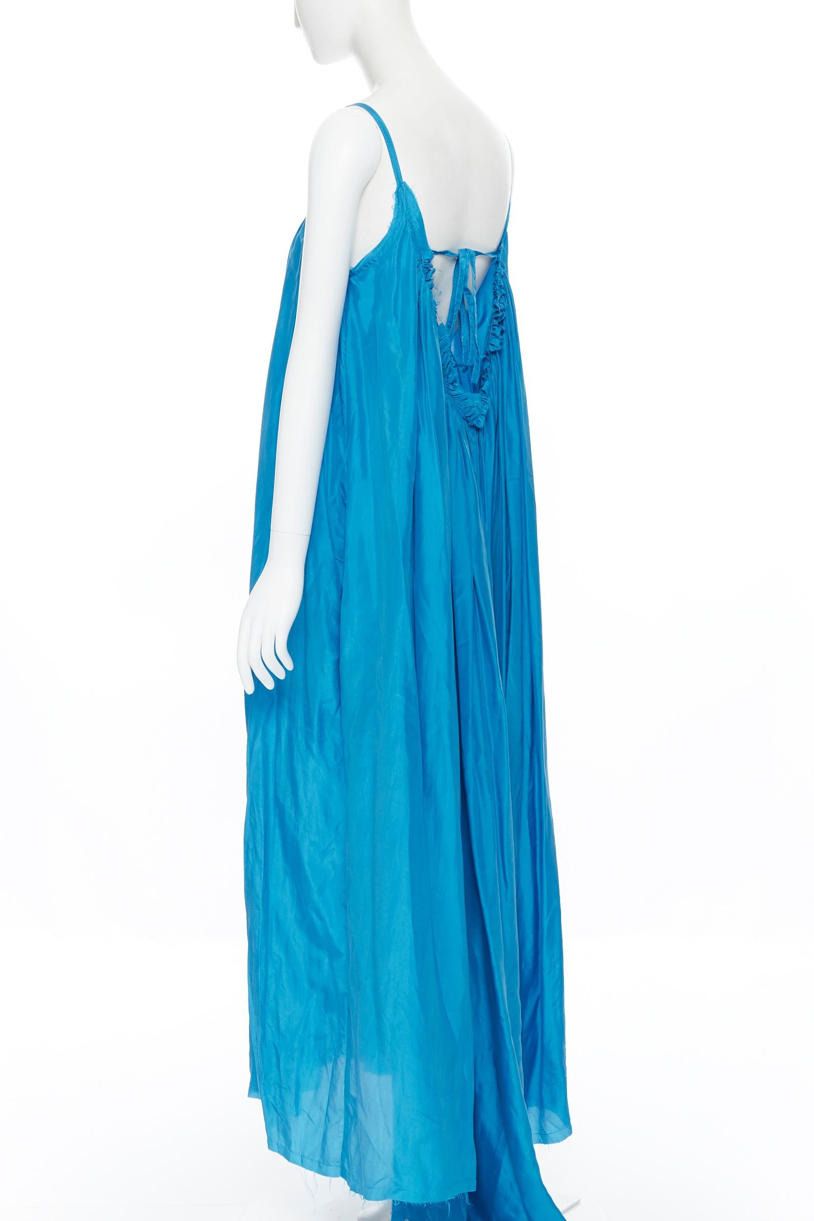 KALITA 100% silk blue gathered scoop neck dipped open back maxi dress XS In Excellent Condition In Hong Kong, NT