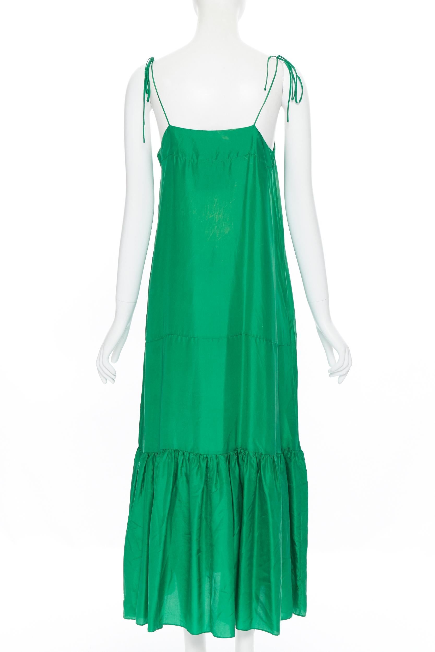 Green KALITA 100% silk kelly green tiered flared hem tie spaghetti strap maxi dress XS