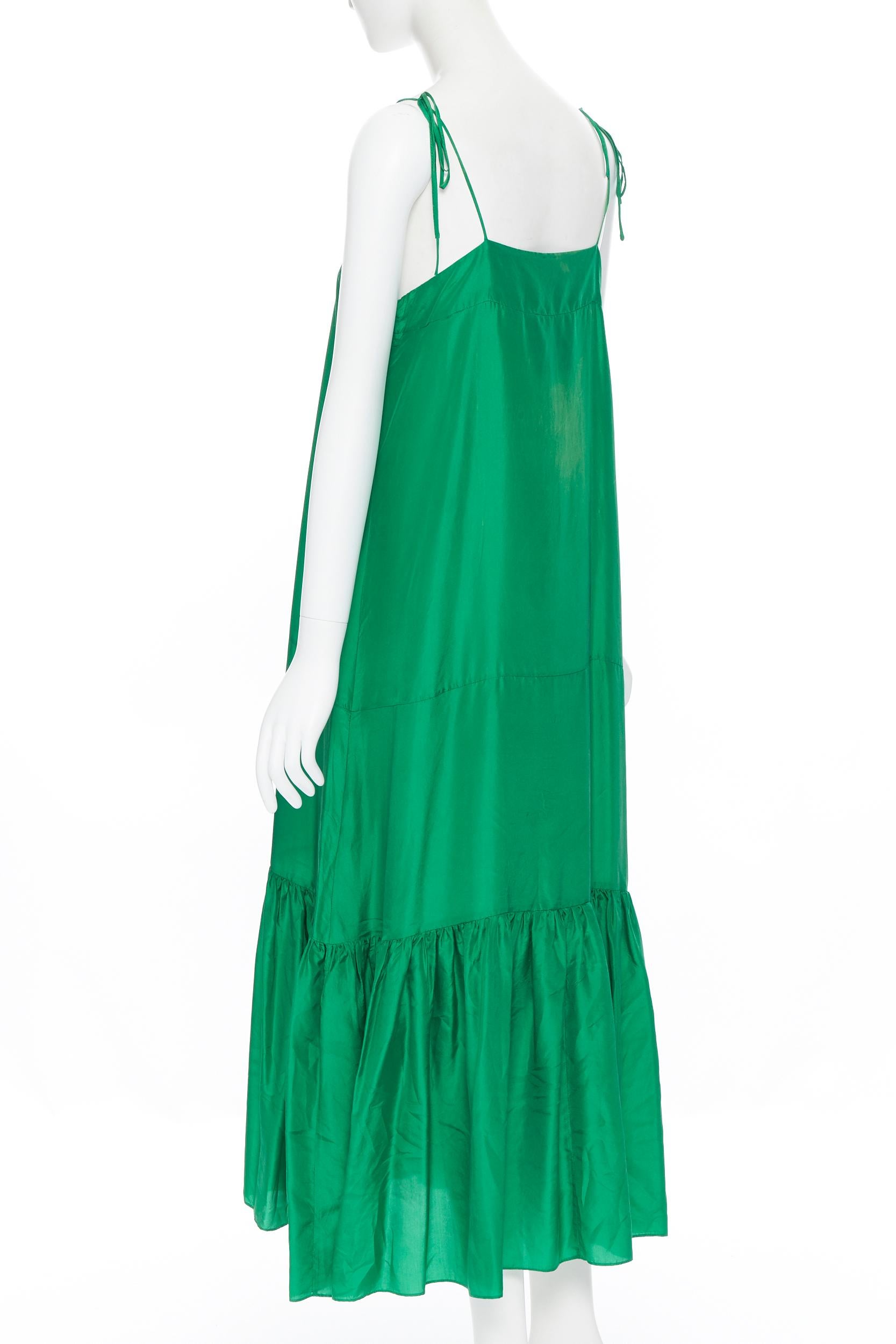 KALITA 100% silk kelly green tiered flared hem tie spaghetti strap maxi dress XS In Fair Condition In Hong Kong, NT