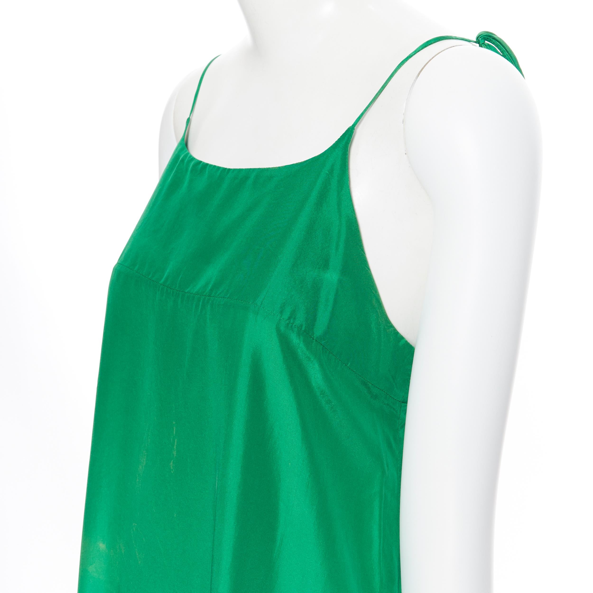 Women's KALITA 100% silk kelly green tiered flared hem tie spaghetti strap maxi dress XS
