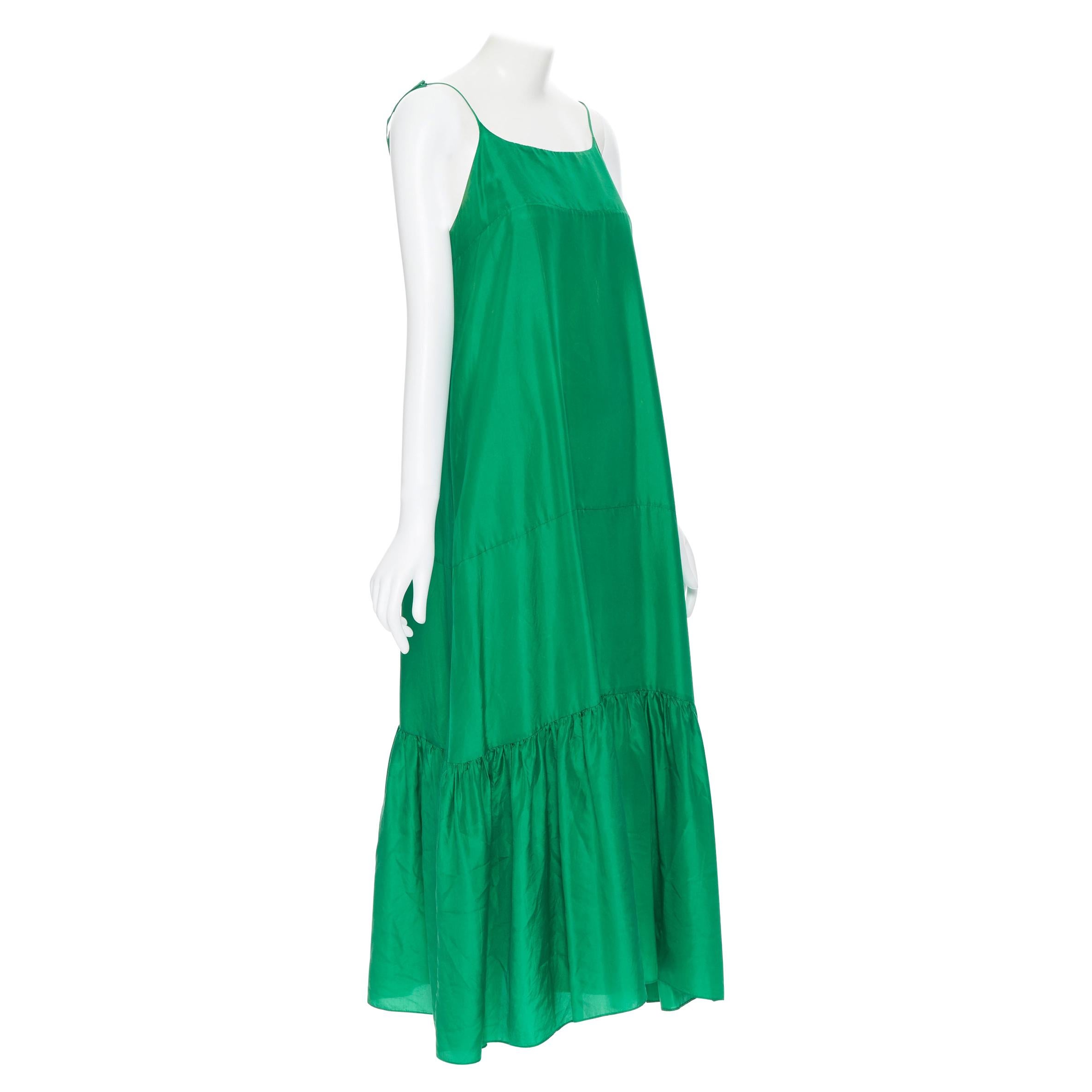KALITA 100% silk kelly green tiered flared hem tie spaghetti strap maxi dress XS