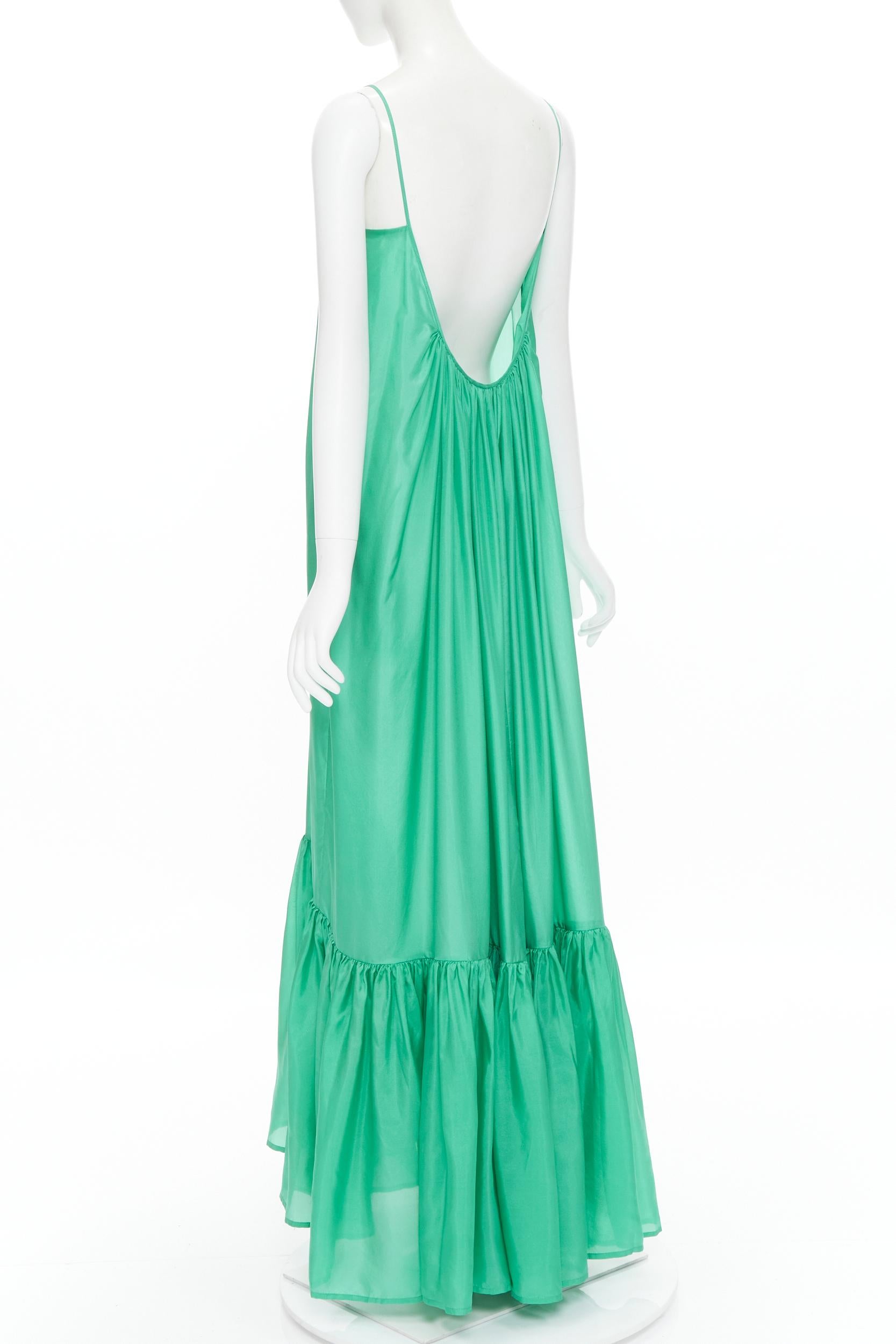 KALITA Brigitte Jade Green silk habotai open dipped back tier pleated dress S In New Condition In Hong Kong, NT