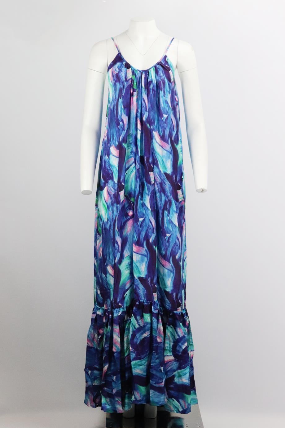 Kalita printed silk maxi dress. Multicoloured. Sleeveless, crewneck. Slips on. 100% Silk. Size: One Size. Bust: 40 in. Waist: 60 in. Hips: 70 in. Length: 62 in
