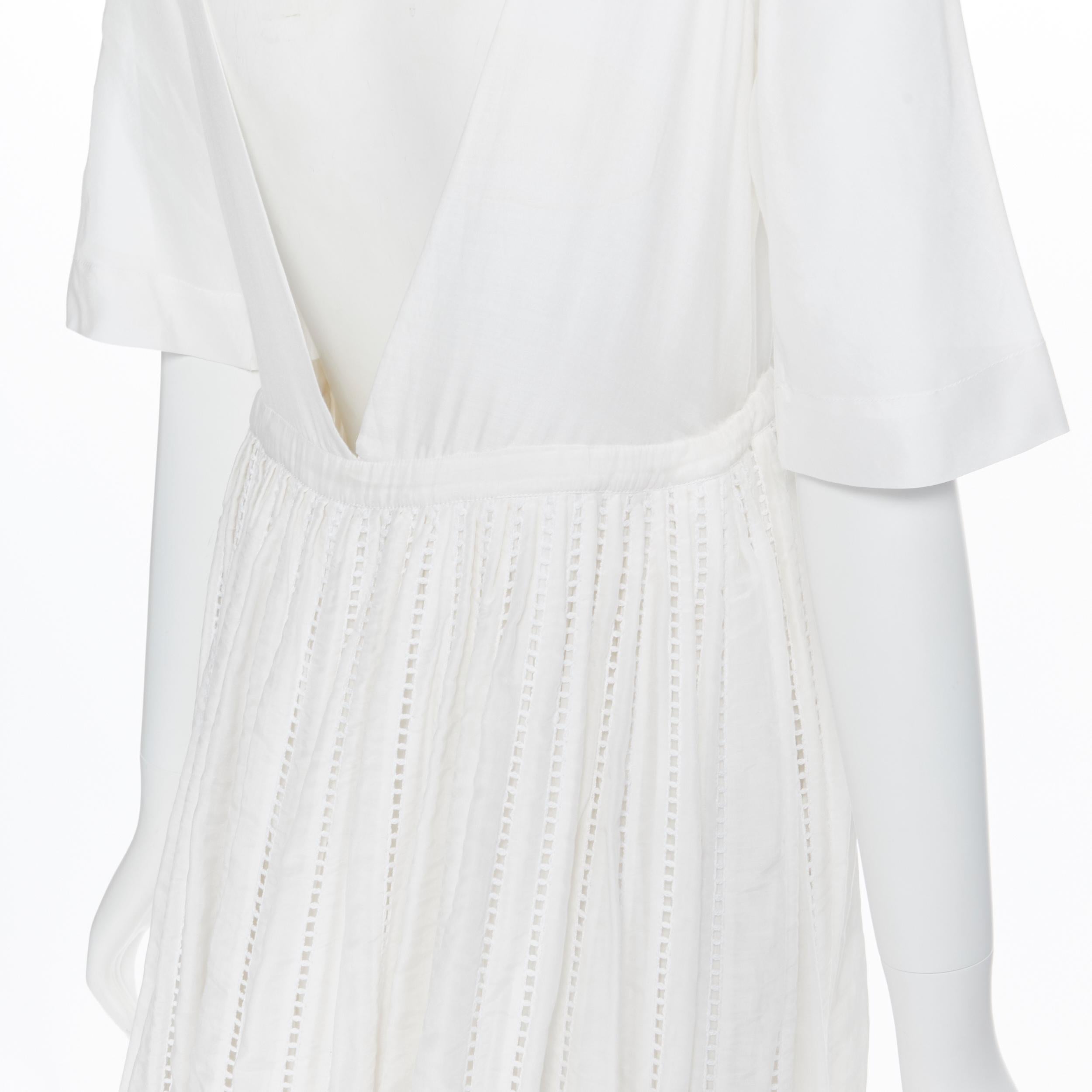 KALITA white cotton silk V-neck tie waist embroidery lattice boho dress XS 1