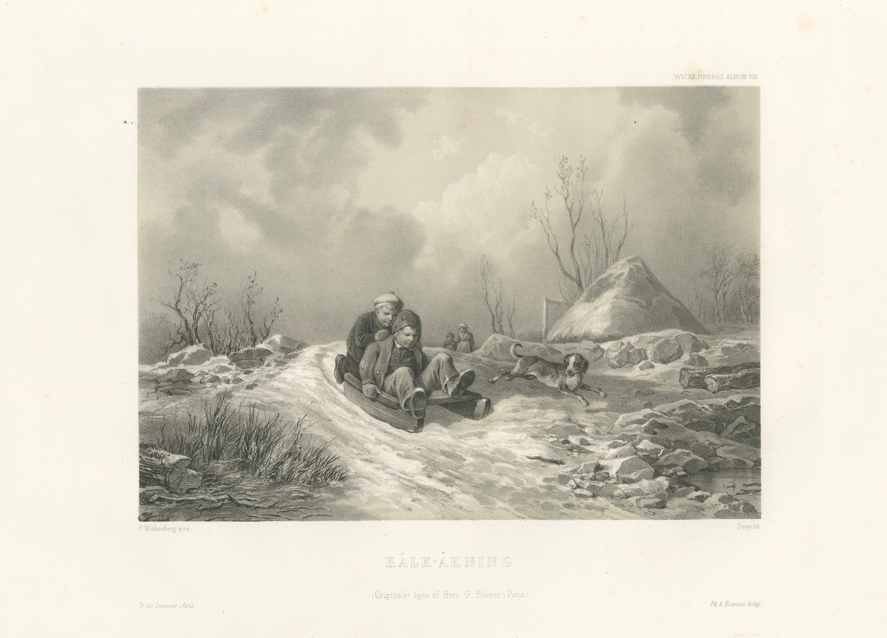 Kälkåkning, Swedish Winter Children Sledding Lithograph by Pehr Wickenberg, 1850