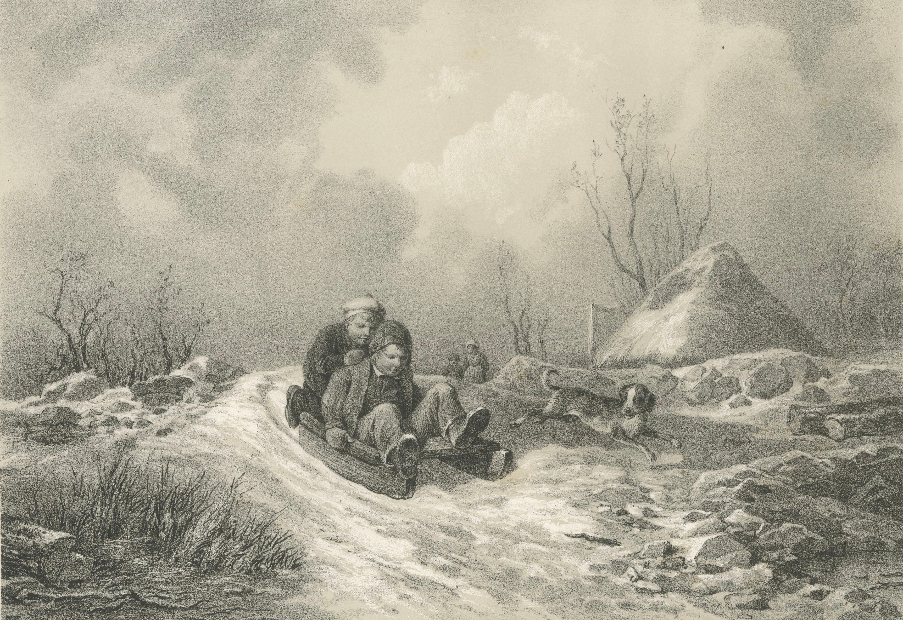 Kälkåkning, Swedish Winter Children Sledding Lithograph by Pehr Wickenberg, 1850