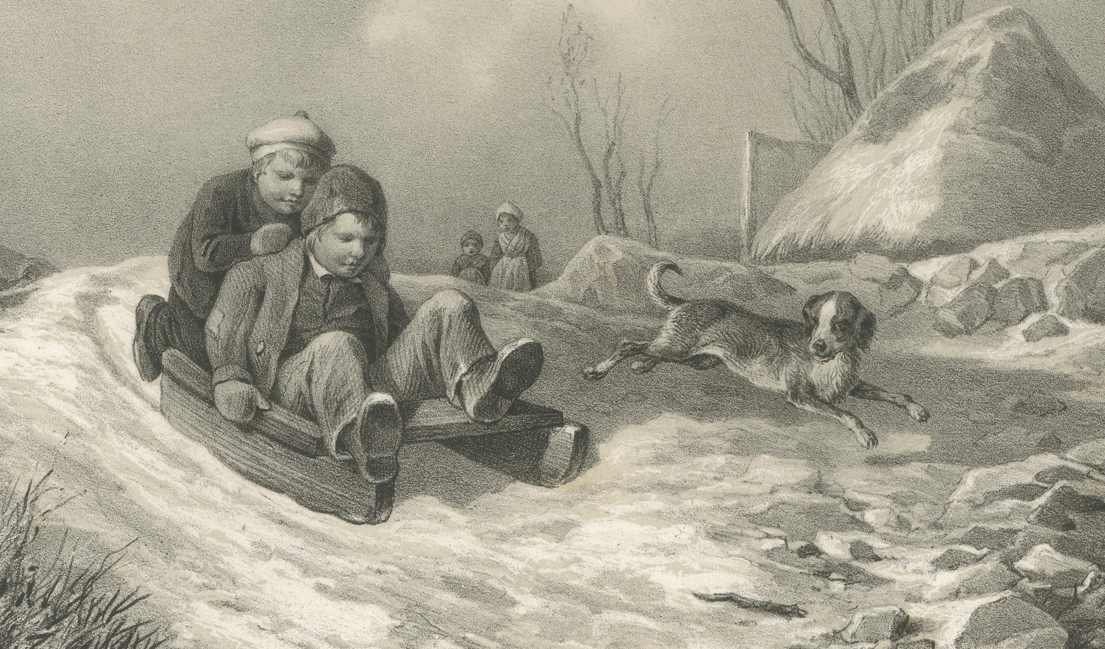 Kälkåkning, Swedish Winter Children Sledding Lithograph by Pehr Wickenberg, 1850