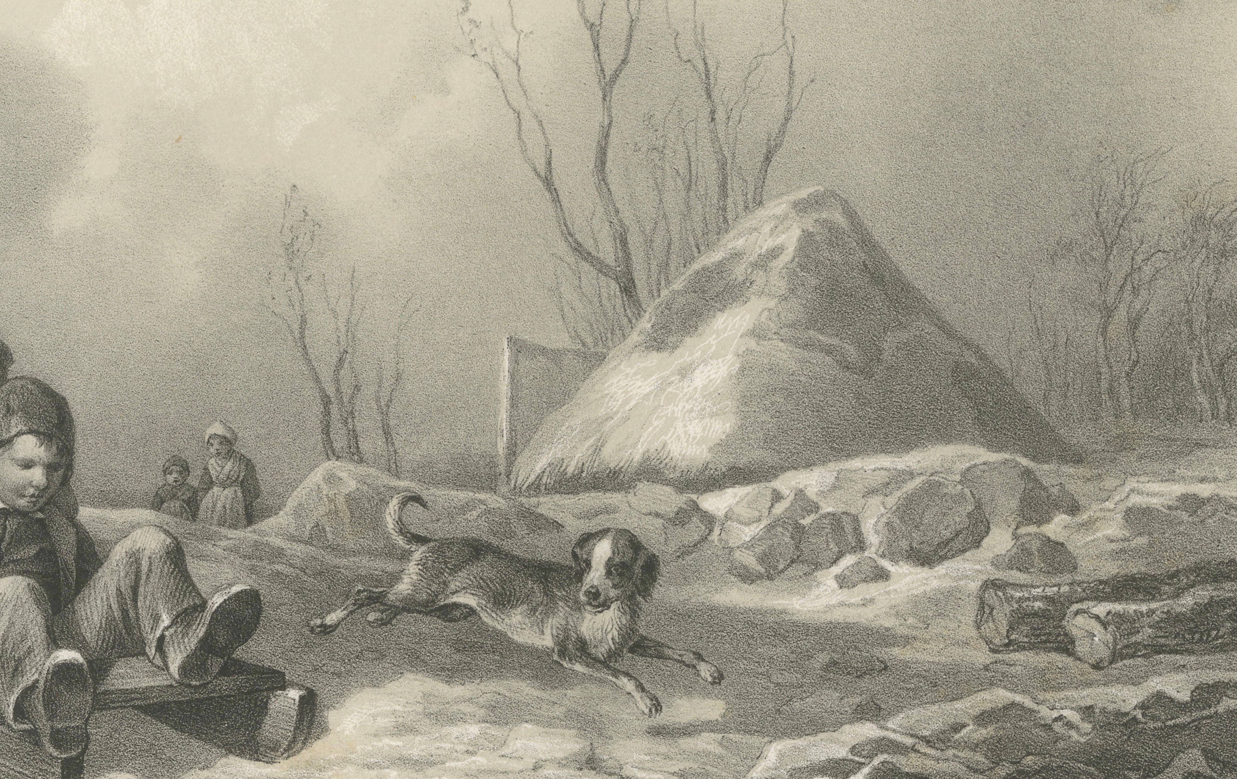 Kälkåkning, Swedish Winter Children Sledding Lithograph by Pehr Wickenberg, 1850