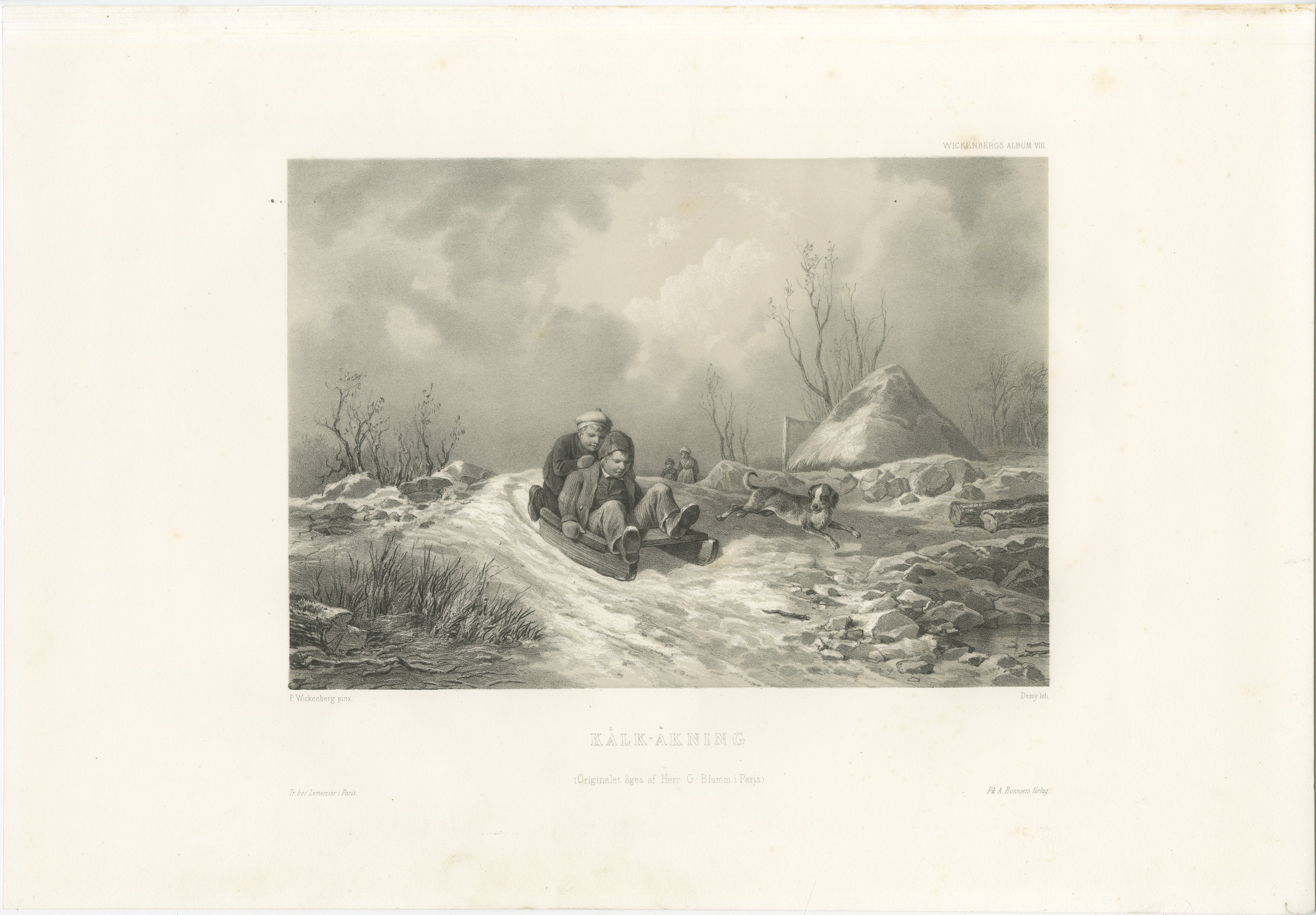 Kälkåkning, Swedish Winter Children Sledding Lithograph by Pehr Wickenberg, 1850