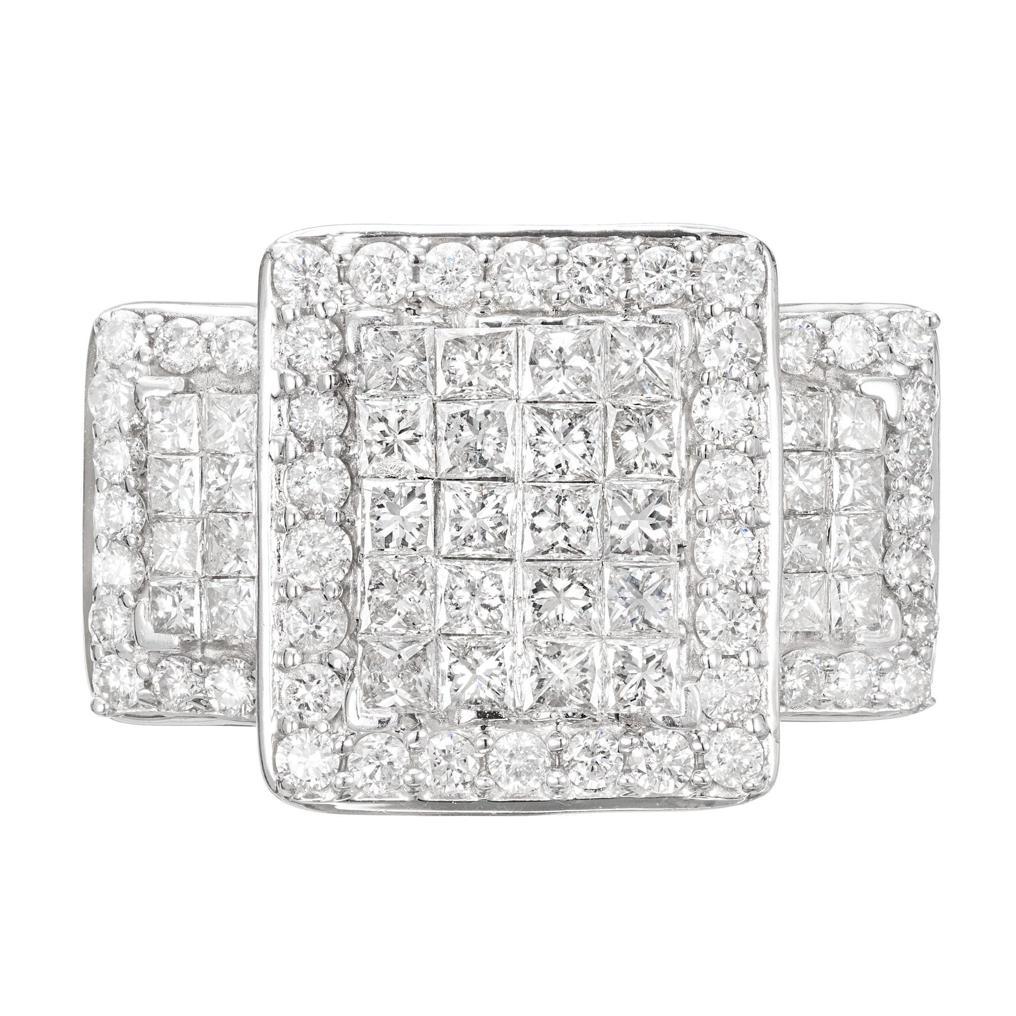 Kallati diamond ring. 36 invisible princess cut center stones with 3 halos of 48 round diamonds. The center section is 13.8 x 12mm. Each side section is 10 x 5.5mm.

36 Princess cut diamonds approx. total weight 1.80cts, G to H, VS to SI
48 round
