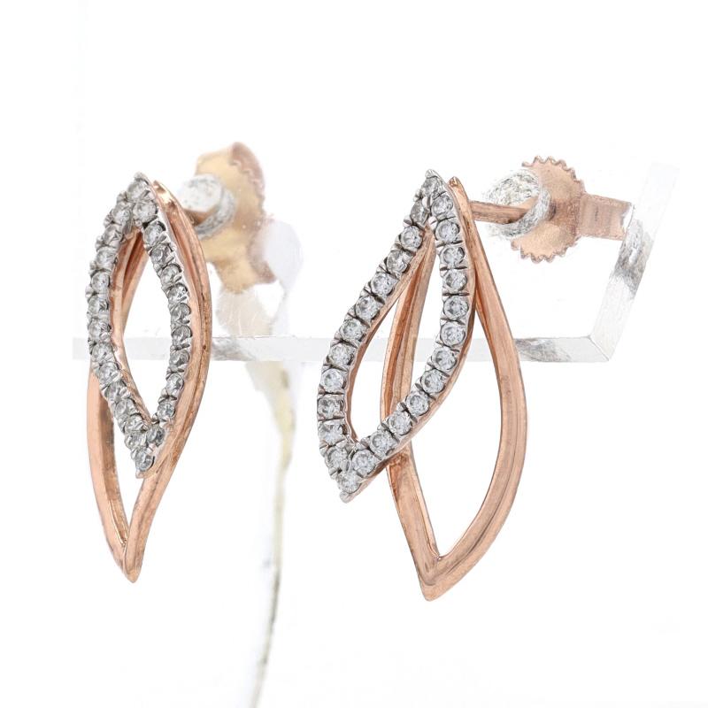 Retail Price: $800

Brand: Kallati

Metal Content: 9k Rose Gold & 9k White Gold

Stone Information
Natural Diamonds
Total Carats: .20ctw
Cut: Round Brilliant 
Color: H - I
Clarity: SI2 - I1

Style: Drop 
Fastening Type: Butterfly Closures
Theme: