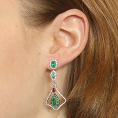 Kallati Emerald Diamond Ruby Halo Dangle Earrings - White Gold 9k 2.96ctw Floral