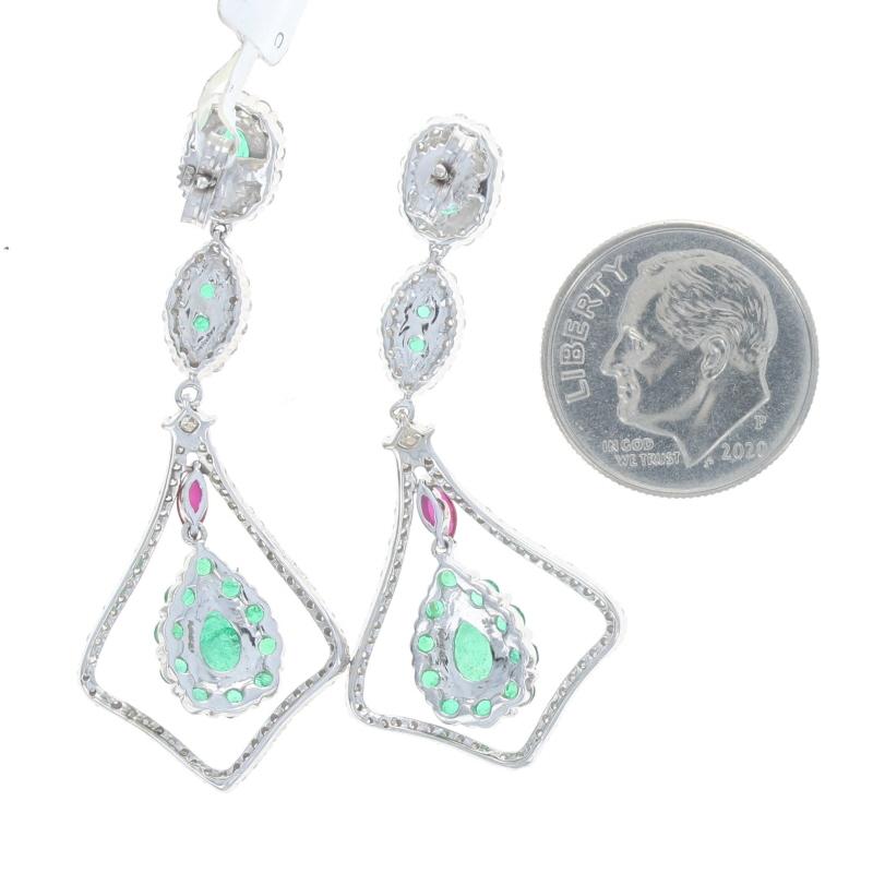 Taille Marquise Kallati Emerald Diamond Ruby Halo Dangle Earsings - White Gold 9k 2.96ctw Floral en vente