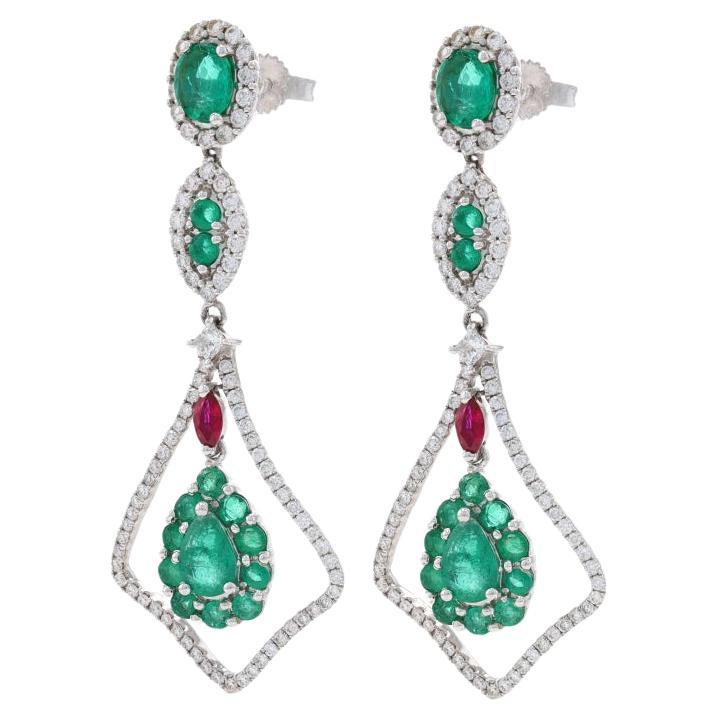 Kallati Emerald Diamond Ruby Halo Dangle Earrings - White Gold 9k 2.96ctw Floral For Sale
